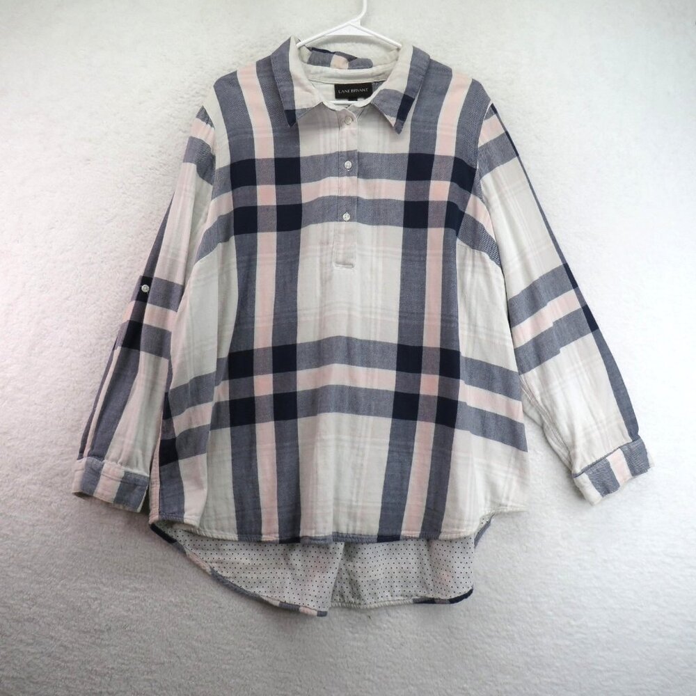 Lane Bryant Shirt Womens 22/24 Plaid Button Polka Dot Trim‎ Roll Tab Sleeve